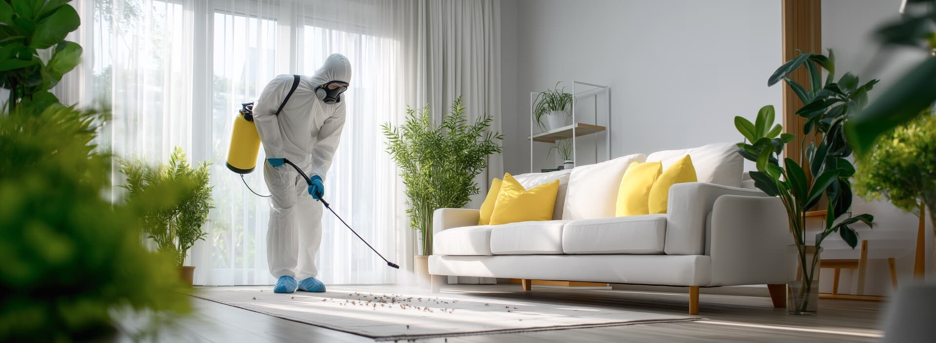 Pest control technician treating a living room