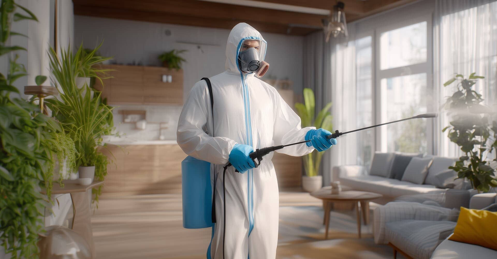 Pest control technician treating a home